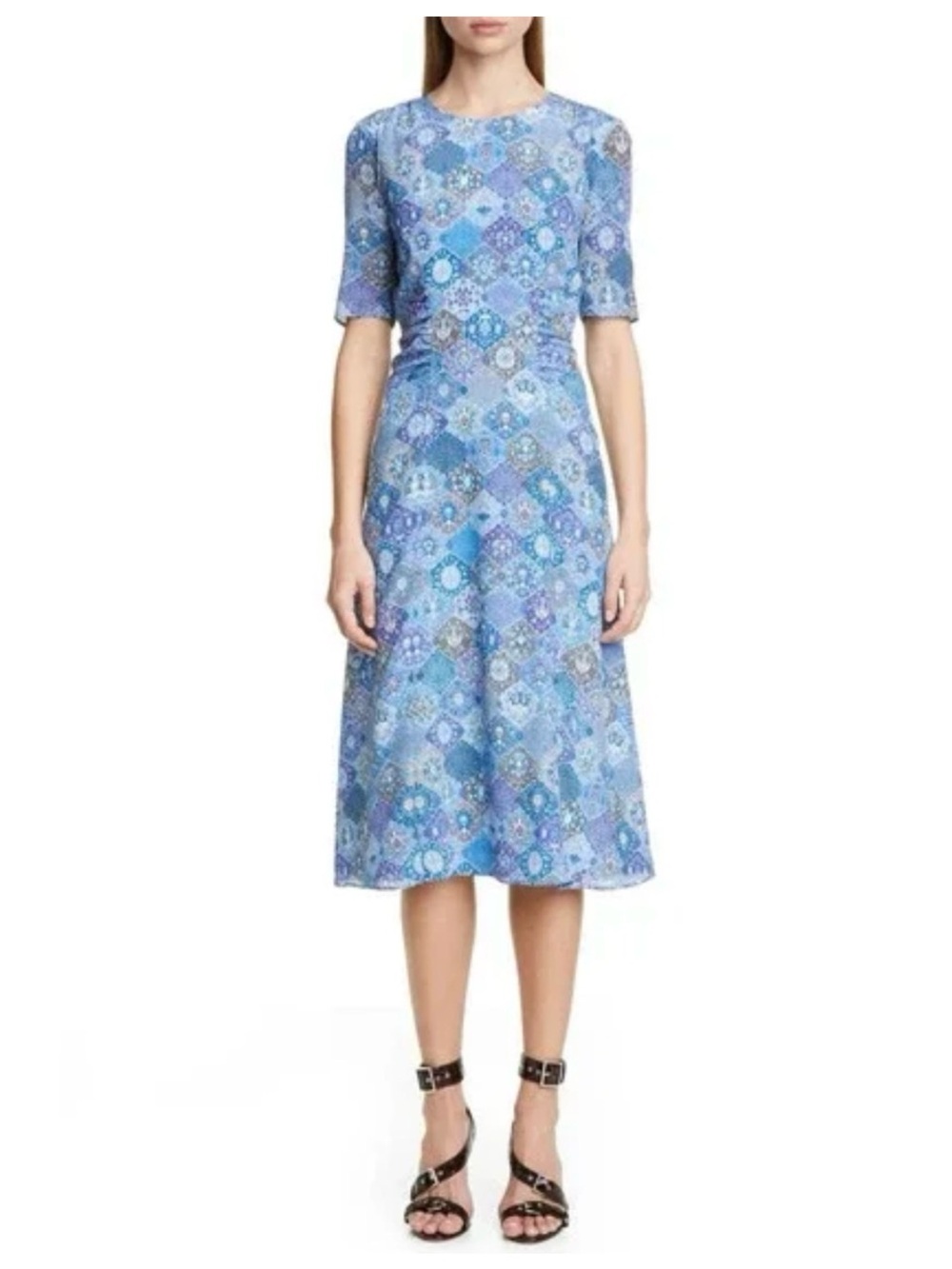 Altuzarra 100% Silk Blue Tile Print Short Sleeves Shirred Waist Dress Size 42